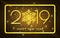 Happy New Year 2019. Golden numbers and confetti on a dark background. Vector illustration