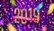 Happy New year 2019 greeting illustration. Glitter gold numbers and multicolored confetti on a violet curtain background.