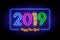 Happy New Year 2019 illustration in colorful trend neon style.