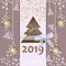 Happy New Year 2019. Merry Christmas card with ribbon on a light background