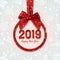 Happy New Year 2019 round banner with red ribbon.