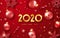 Happy New Year 2020. Background with shining numerals and ribbons. New year and Christmas card illustration on red