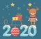 Happy new year 2020 celebration cute deer with sweater sled gifts ball star