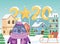 Happy new year 2020 celebration cute seal with sweater sled gifts town snow
