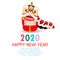 Happy New Year 2020. Chinese New Year. The year of the rat. Happy New Year greeting card with cute Little rat performs Lion Dance