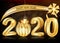 Happy New Year 2020 - classic greeting card with golden text on a  brown background