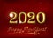 Happy New Year 2020 - classic greeting card with golden text on a dark red background