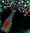 Happy New Year 2020 design. Abstract champagne bottle with inspiring handwritten words, bursting stars.
