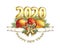 Happy New Year 2020. Festive banner date 2020 in  3d shape with balls on spruce branches and bells on decorative ribbon vector cre