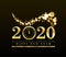 Happy New Year 2020 with gold particles and a clock in the number zero. Vector golden illustration