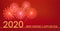Happy new year 2020 golden text with fireworks on red background. Holiday banner, template or card