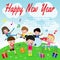 Happy new year 2020 greeting card with cute children play musical and dance.  Merry Christmas of the kids Symbol, flyers, posters