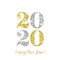 Happy New Year 2020 greeting card of vector golden and silver glitter confetti on premium white background for Christmas