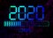 Happy new year 2020 with loading icon in flat ciano led neon digital time style. Display progress bar almost reaching new year`s