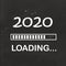 Happy new year 2020 with loading icon neon style. Progress bar almost reaching new year`s eve on dark gray black background