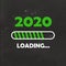 Happy new year 2020 with loading icon neon style. Progress green bar almost reaching new year`s eve on dark gray black background