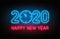 Happy New Year 2020. Neon sign, glowing text 2020 with clock inside. New Year and Christmas decoration
