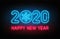 Happy New Year 2020. Neon sign, glowing text 2020 with snowflake inside. New Year and Christmas decoration