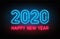 Happy New Year 2020. Neon sign, glowing text for New Year and Christmas decoration. Neon light effect for background