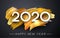 Happy New Year 2020 poster with golden brush strokes on grey bac