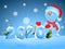 Happy new year 2020. Snowman in santa hat make ice snow number 2020