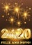 Happy New Year 2020 written in portuguese - greeting card with fireworks on a simple background