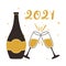 Happy new year 2021, champagne bottle and cups celebration