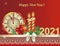 Happy New Year 2021. Christmas card with clock, candles and Cristmas ball. Vector illustration