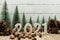 Happy New Year 2021 festive background with christmas tree and pine cone decoration on wooden background