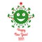 Happy New Year 2021. Green cartoon coronavirus bacteria with red christmas tree balls and star on the top. Isolated on a white