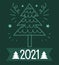 Happy new year 2021, green greeting card with tree decoration