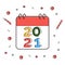 Happy new year 2021 greeting card. Colorful liner icons and confetti on white background. Calendar. Geometric bright