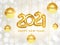 Happy New Year 2021. Holiday banner of hanging golden metallic numbers 2021 and sparkling shiny Christmas balls