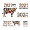 Happy new year 2021 with mosaic cow and numerals. Chinese horoscope sign bull. Mosaic style cow made of black and