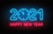 Happy New Year 2021. New Year and Christmas decoration, neon signboard with glowing text and clock. Neon light effect for