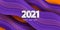 Happy new year 2021. Wavy purple background with numbers 3D. Vector illustration warped stripes. Festive banner with flow lines.