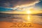 Happy New Year 2022 concept, lettering on the beach sand. Sea sunrise.