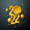 Happy New Year 2022 Illustration with Gold Number, Clock and Ornamental Glass Ball on Dark Background. Vector Christmas