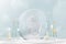 Happy New Year 2022 and Merry Christmas background.Xmas Snowball with Unicorn,conical tree on snow,Glass snow globe 3d design.