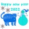 Happy new year 2022 new year tiger symbol of the year, snowflakes and snowman. Isolated cartoon elements. Congratulatory vector