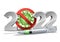 Happy New Year 2022 number with Stop Covid-19 Sign Symbol and Syringe with a vaccine.
