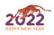 Happy New Year 2022 postcard design with Chinese tiger roaring and crawling. Oriental zodiac animal, Asian mascot and