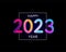 Happy new year 2023 future metaverse neon text neon with metal effect, numbers and futurism lines. Vector greeting card