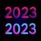 Happy new year 2023 future metaverse neon text neon with metal effect, numbers and futurism lines. Vector greeting card