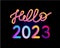 Happy new year 2023 future metaverse neon text neon with metal effect, numbers and futurism lines. Vector greeting card