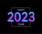 Happy new year 2023 future metaverse neon text neon with metal effect, numbers and futurism lines. Vector greeting card