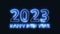 Happy New Year 2023 glowing blue text in a haze appears on a dark background.Animation for the celebration of the new