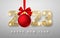 Happy New Year 2023. Gold numbers design of greeting card with xmas ball and red bow. Vector illustration