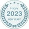 Happy New Year 2023 greeting card, icon with number 2023 and congratulation text in laurel wreath with stars