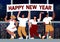Happy New Year 2023 horizontal banner. Diverse people have fun, dance